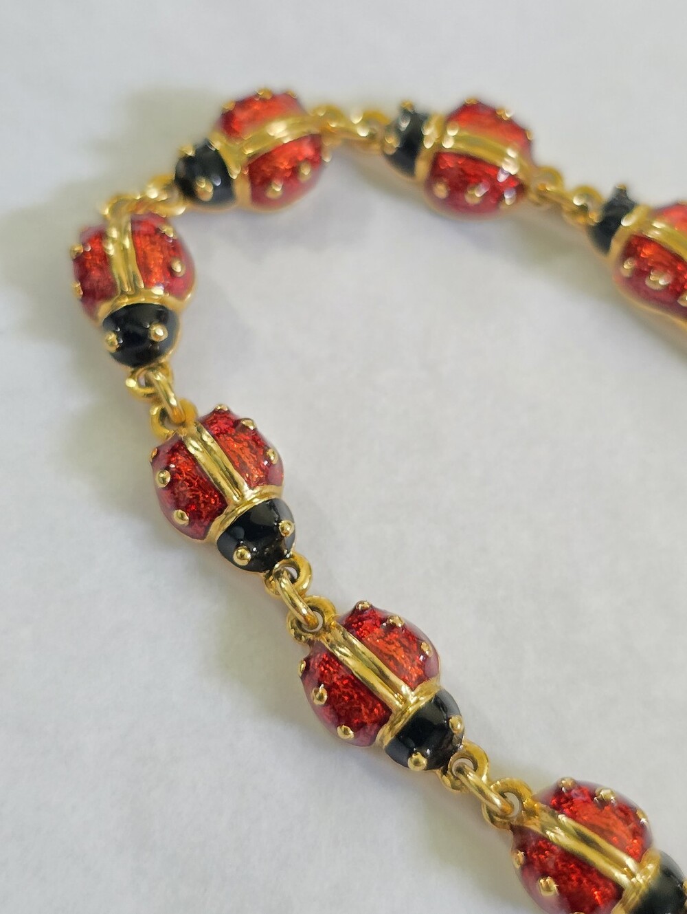 Vintage Lady Bug Enamel Tennis Bracelet Red And Gold Bug Link - Picture 3 of 7